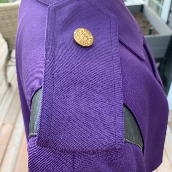 Vintage 80s 90s Purple Wool Gold Button Beltless Long Trench Coat Retro Overcoat - Picture 6 of 16